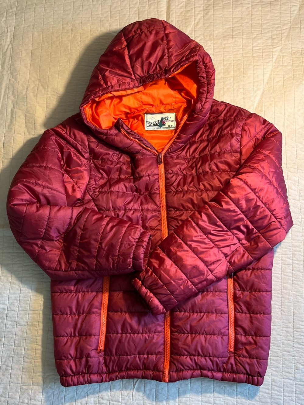 Kids Hooded Puffer Jacket in Maroon with Orange Trim